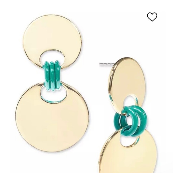 Gold and Green Two-Tiered Earrings with Geometric Design, NWT - Picture 5 of 5